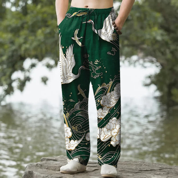 Buddha Stones Spodnie męskie zwężane z bawełny w kolorze białym z wzorem fali żurawia i kieszeniami - ForestGreen - US/UK/AU50, EU60 (5XL) - image 4