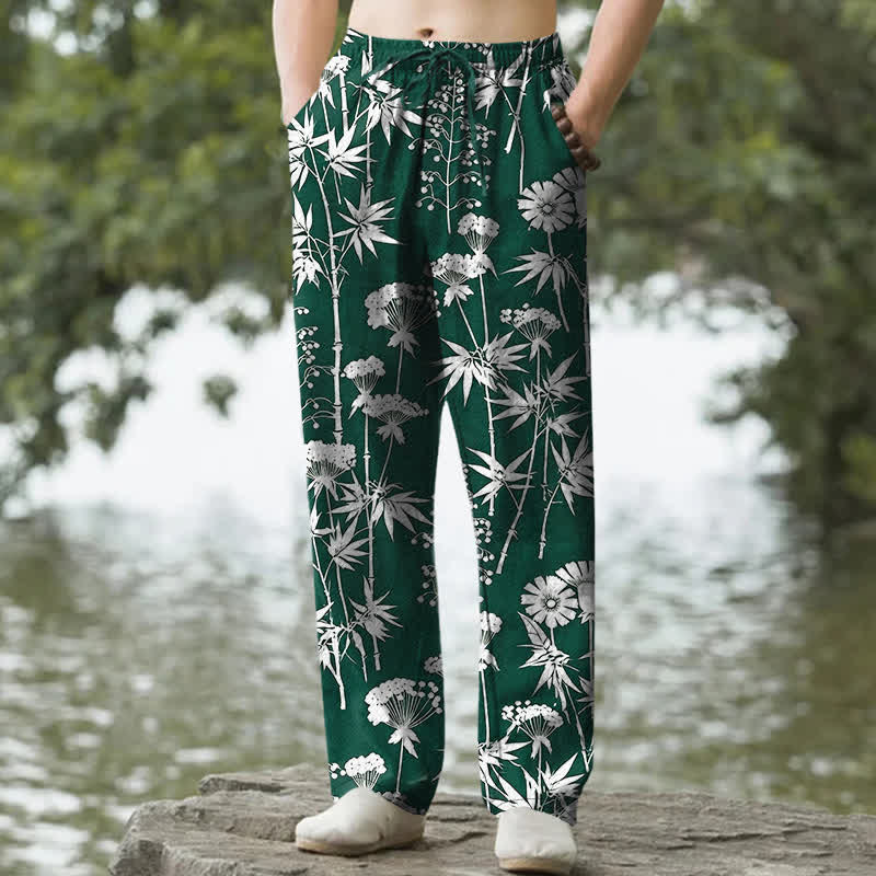Buddha Stones Spodnie męskie zwężane z kieszeniami, bawełniane, z motywem kwiatowym i liśćmi bambusa - ForestGreen - US/UK/AU50, EU60 (5XL) - image 4