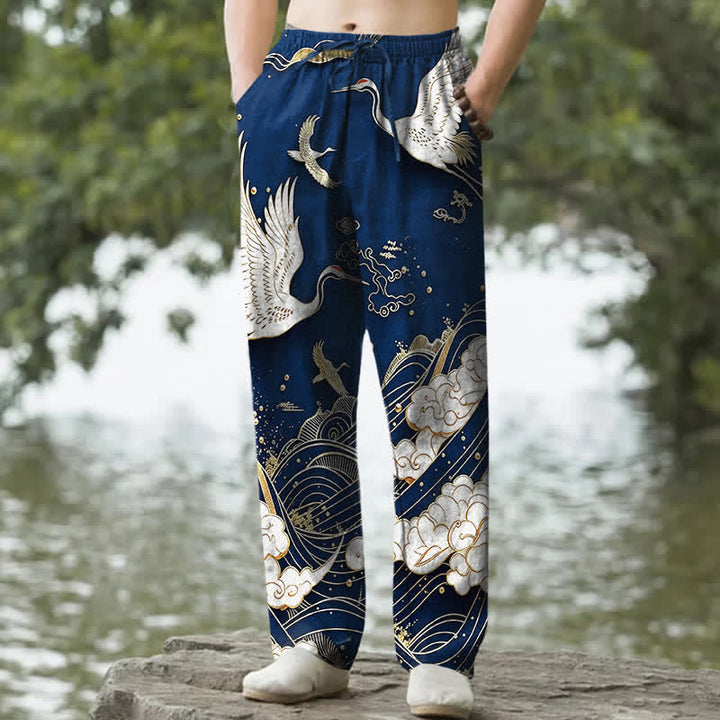 Buddha Stones Spodnie męskie zwężane z bawełny w kolorze białym z wzorem fali żurawia i kieszeniami - Marynarka wojenna - US/UK/AU50, EU60 (5XL) - image 6