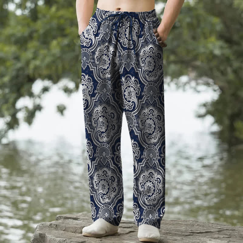 Buddha Stones Spodnie męskie zwężane z bawełny z geometrycznym wzorem mandali i paisley z kieszeniami - Marynarka wojenna - US/UK/AU50, EU60 (5XL) - image 4