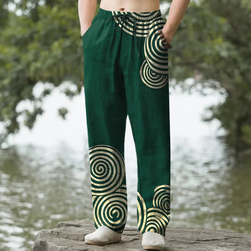 Buddha Stones Spodnie męskie zwężane z czystej bawełny z motywem koncentrycznych kół i kieszeniami - ForestGreen - US/UK/AU50, EU60 (5XL) - image 6