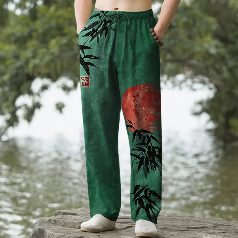 Buddha Stones Spodnie męskie zwężane z kieszeniami i wzorem Cotton Ink Bamboo Sun Pattern - ForestGreen - US/UK/AU50, EU60 (5XL) - image 0