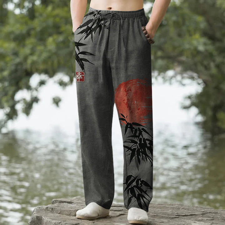 Buddha Stones Spodnie męskie zwężane z kieszeniami i wzorem Cotton Ink Bamboo Sun Pattern - DimGray - US/UK/AU50, EU60 (5XL) - image 4