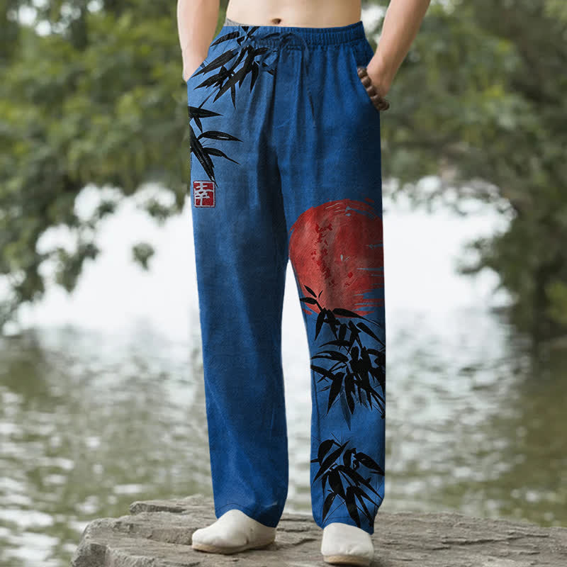 Buddha Stones Spodnie męskie zwężane z kieszeniami i wzorem Cotton Ink Bamboo Sun Pattern - RoyalBlue - US/UK/AU50, EU60 (5XL) - image 6