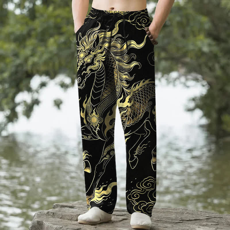 Buddha Stones Spodnie męskie zwężane z bawełny w złotym kolorze smoka i z kieszeniami, wzór "Auspicious Clouds" - Czarny - US/UK/AU50, EU60 (5XL) - image 0