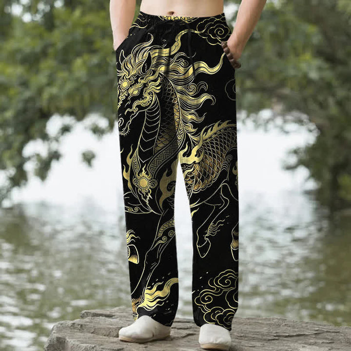 Buddha Stones Spodnie męskie zwężane z bawełny w złotym kolorze smoka i z kieszeniami, wzór "Auspicious Clouds" - Czarny - US/UK/AU50, EU60 (5XL) - image 0