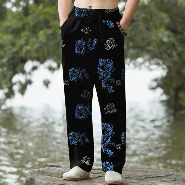 Buddha Stones Spodnie męskie zwężane z kieszeniami i wzorem "Bawełniany smok i lotos" - Czarny - US/UK/AU50, EU60 (5XL) - image 0