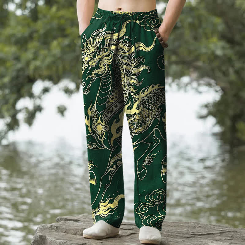 Buddha Stones Spodnie męskie zwężane z bawełny w złotym kolorze smoka i z kieszeniami, wzór "Auspicious Clouds" - ForestGreen - US/UK/AU50, EU60 (5XL) - image 4