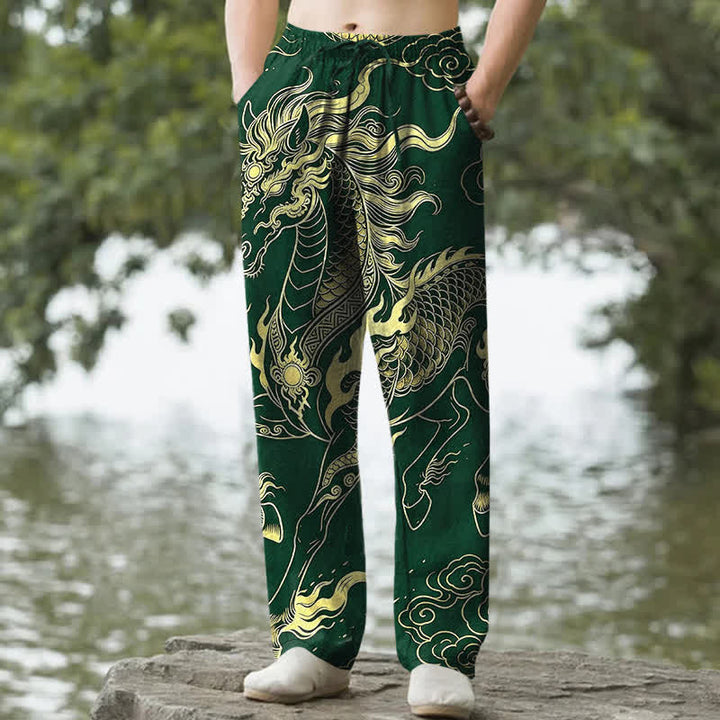 Buddha Stones Spodnie męskie zwężane z bawełny w złotym kolorze smoka i z kieszeniami, wzór "Auspicious Clouds" - ForestGreen - US/UK/AU50, EU60 (5XL) - image 4