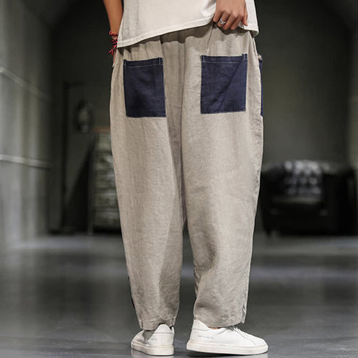 Buddha Stones Wiosenne, swobodne, bawełniane, lniane, skrócone spodnie haremowe męskie z kieszeniami i blokami kolorów - image 4