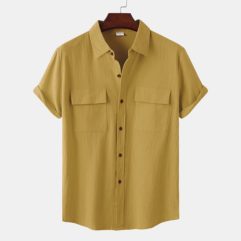 Buddha Stones Letnie, swobodne koszule męskie z krótkim rękawem i ozdobnymi kieszeniami, z jednolitymi guzikami - SaddleBrown - US/UK/AU46， EU56 (3XL) - image 0