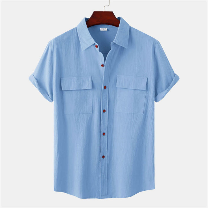 Buddha Stones Letnie, swobodne koszule męskie z krótkim rękawem i ozdobnymi kieszeniami, z jednolitymi guzikami - LightSkyBlue - US/UK/AU46， EU56 (3XL) - image 15