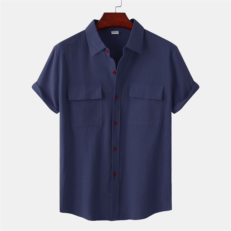 Buddha Stones Letnie, swobodne koszule męskie z krótkim rękawem i ozdobnymi kieszeniami, z jednolitymi guzikami - MidnightBlue - US/UK/AU46， EU56 (3XL) - image 22