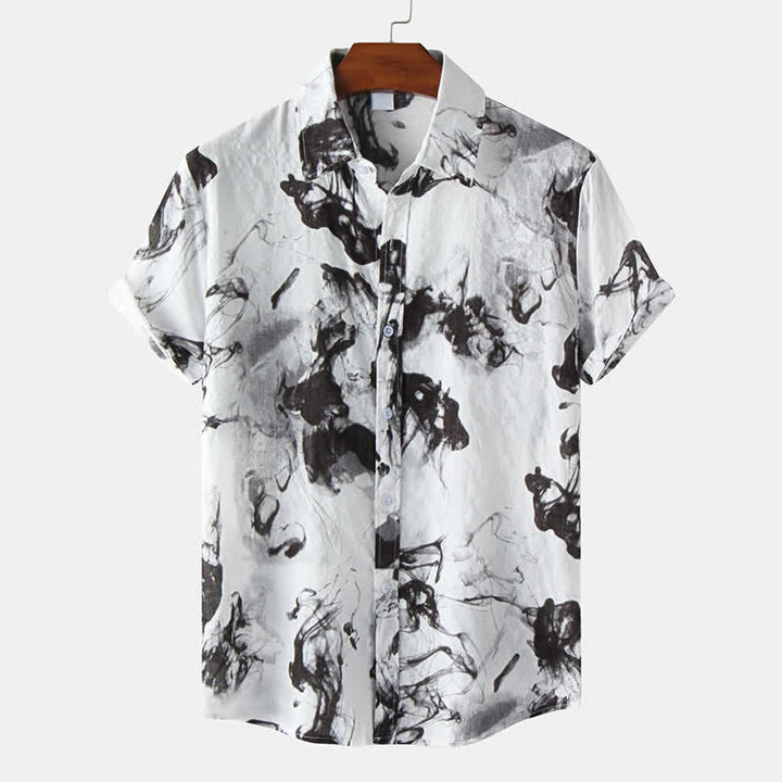 Buddha Stones Letnie, swobodne koszule męskie z krótkim rękawem i nadrukiem w kolorze atramentu, zapinane na guziki - Czarny - US/UK/AU46， EU56 (3XL) - image 0