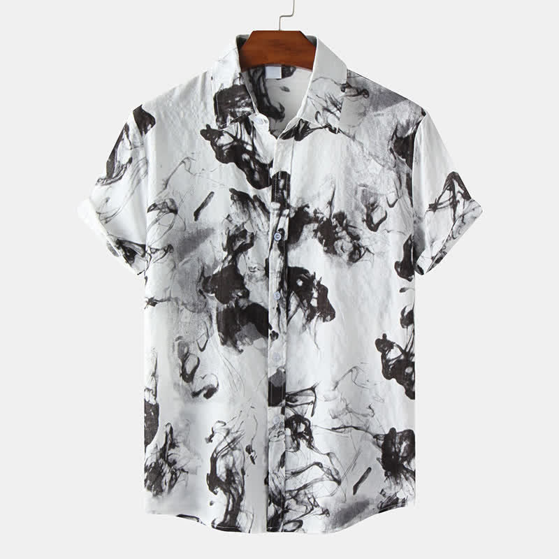 Buddha Stones Letnie, swobodne koszule męskie z krótkim rękawem i nadrukiem w kolorze atramentu, zapinane na guziki - Czarny - US/UK/AU46， EU56 (3XL) - image 0
