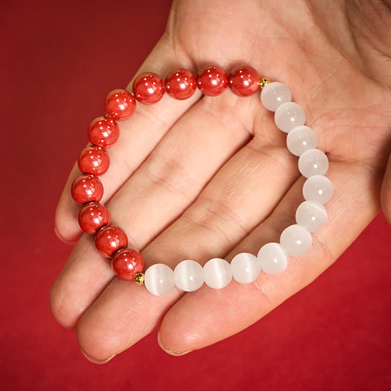 Buddha Stones Bransoletka uspokajająca z białego kociego oka w kolorze cynobru - 8 mm czerwony cynober (obwód nadgarstka: 15–16 cm) - image 19