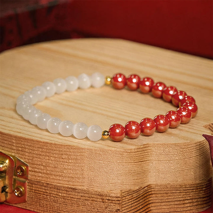 Buddha Stones Bransoletka uspokajająca z białego kociego oka w kolorze cynobru - 6 mm czerwony cynober (obwód nadgarstka: 14–15 cm) - image 17