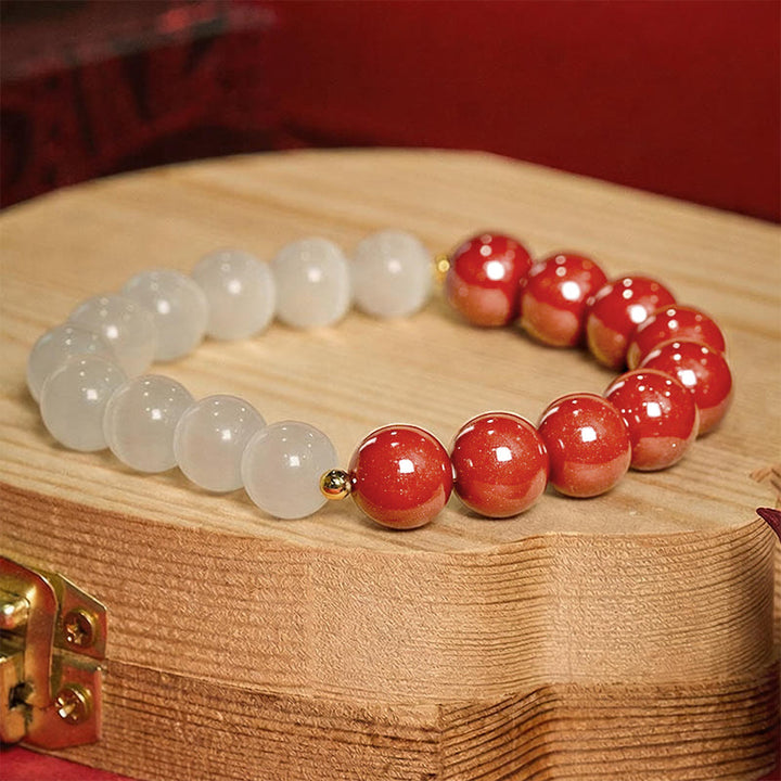 Buddha Stones Bransoletka uspokajająca z białego kociego oka w kolorze cynobru - 10 mm czerwony cynober (obwód nadgarstka: 16–17 cm) - image 24