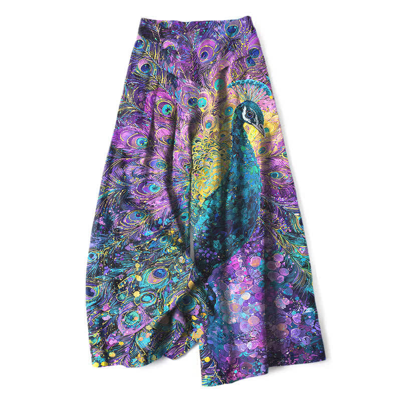 Buddha Stones Spodnie damskie z szerokimi nogawkami i elastyczną talią, z wzorem pawiego pióra i kieszeniami - BlueViolet - US16, UK/AU20, EU48 (3XL) - image 0