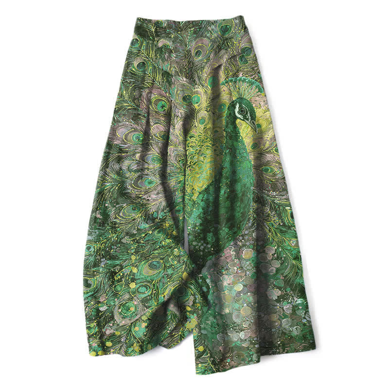 Buddha Stones Spodnie damskie z szerokimi nogawkami i elastyczną talią, z wzorem pawiego pióra i kieszeniami - ForestGreen - US16, UK/AU20, EU48 (3XL) - image 4