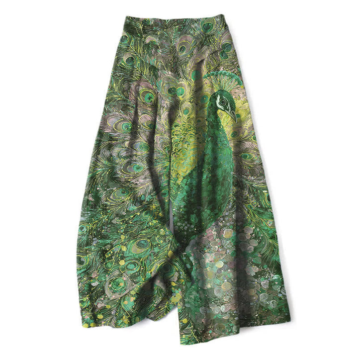 Buddha Stones Spodnie damskie z szerokimi nogawkami i elastyczną talią, z wzorem pawiego pióra i kieszeniami - ForestGreen - US16, UK/AU20, EU48 (3XL) - image 4