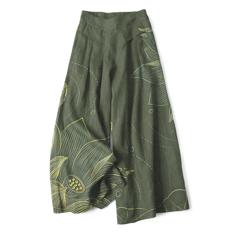 Buddha Stones Spodnie damskie z szerokimi nogawkami i elastyczną talią, z motywem lotosu, z bawełny i lnu, z kieszeniami - DarkOliveGreen - US16, UK/AU20, EU48 (3XL) - image 4