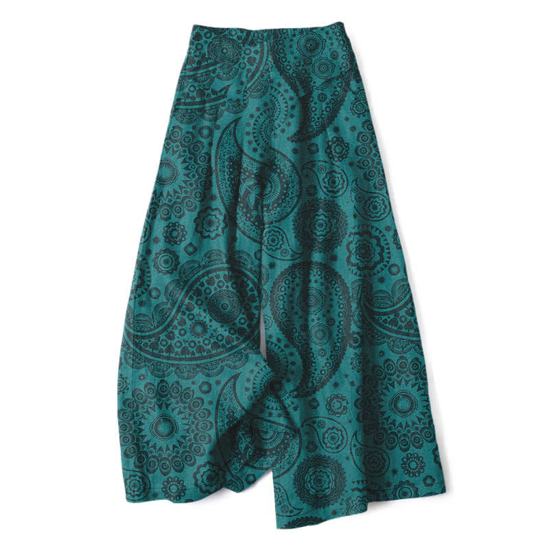 Buddha Stones Spodnie damskie z szerokimi nogawkami i elastyczną talią, wzorem paisley, z bawełny i lnu, z kieszeniami - Cyraneczka - US16, UK/AU20, EU48 (3XL) - image 0