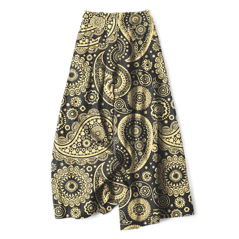 Buddha Stones Spodnie damskie z szerokimi nogawkami i elastyczną talią, wzorem paisley, z bawełny i lnu, z kieszeniami - Ciemny Khaki - US16, UK/AU20, EU48 (3XL) - image 4