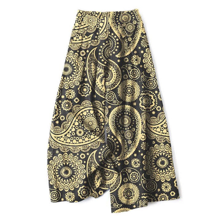 Buddha Stones Spodnie damskie z szerokimi nogawkami i elastyczną talią, wzorem paisley, z bawełny i lnu, z kieszeniami - Ciemny Khaki - US16, UK/AU20, EU48 (3XL) - image 4