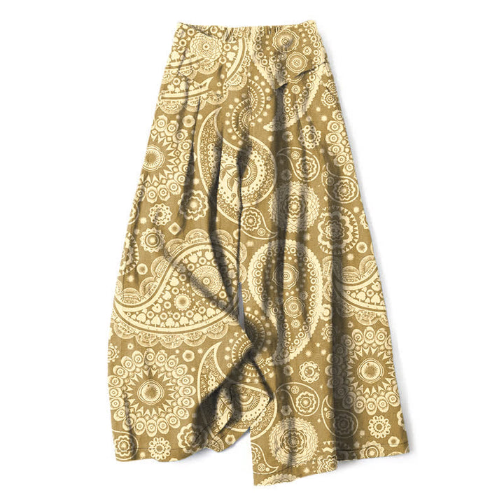 Buddha Stones Spodnie damskie z szerokimi nogawkami i elastyczną talią, wzorem paisley, z bawełny i lnu, z kieszeniami - Khaki - US16, UK/AU20, EU48 (3XL) - image 6