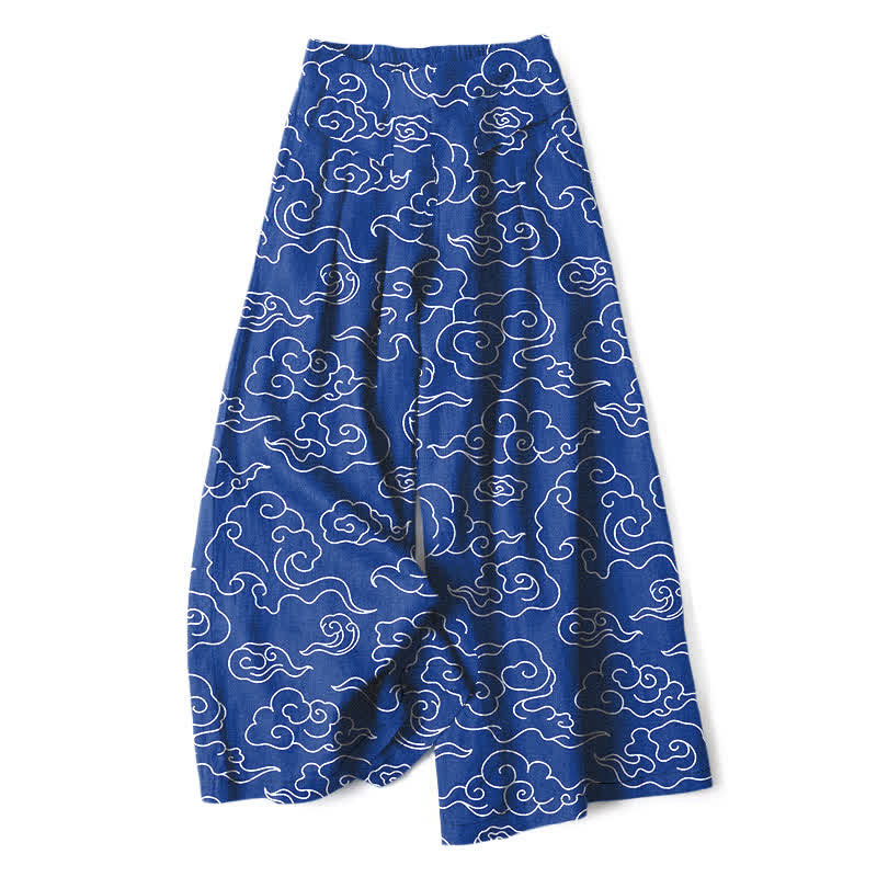 Buddha Stones Spodnie damskie z szerokimi nogawkami i elastyczną talią i kieszeniami, z wzorem chmur i bawełny lnianej - RoyalBlue - US16, UK/AU20, EU48 (3XL) - image 0