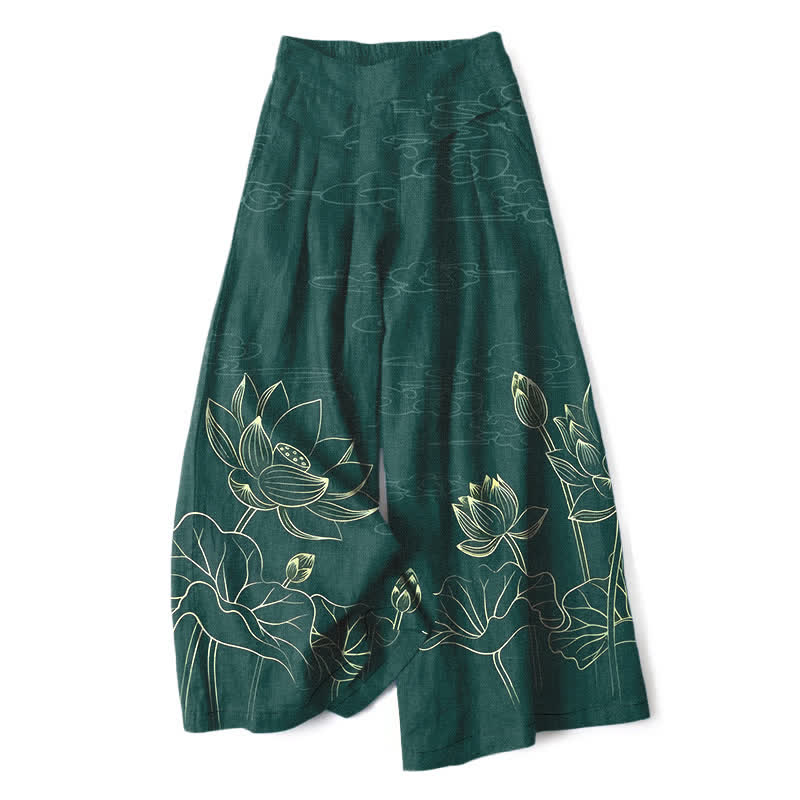 Buddha Stones Spodnie damskie z szerokimi nogawkami i elastyczną talią, z motywem lotosu, z bawełny i lnu, z kieszeniami - ForestGreen - US16, UK/AU20, EU48 (3XL) - image 0