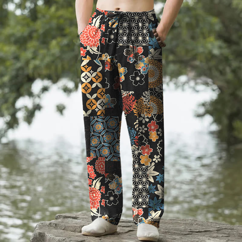 Buddha Stones Spodnie męskie ze zwężanymi nogawkami i kieszeniami, bawełniane, w kwiatowy wzór w stylu boho - Czarny - US/UK/AU50, EU60 (5XL) - image 0