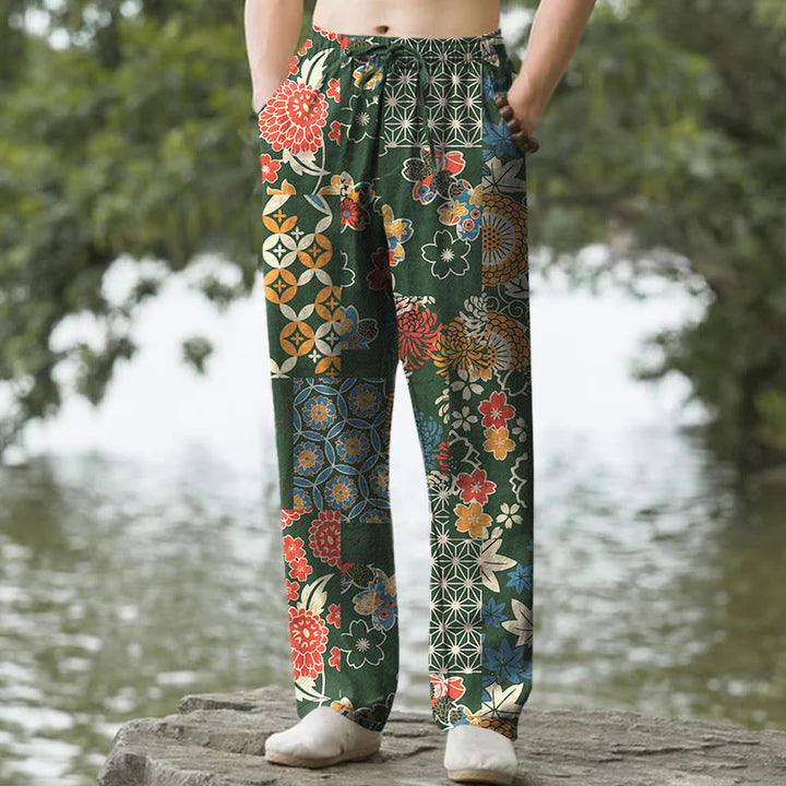 Buddha Stones Spodnie męskie ze zwężanymi nogawkami i kieszeniami, bawełniane, w kwiatowy wzór w stylu boho - ForestGreen - US/UK/AU50, EU60 (5XL) - image 4