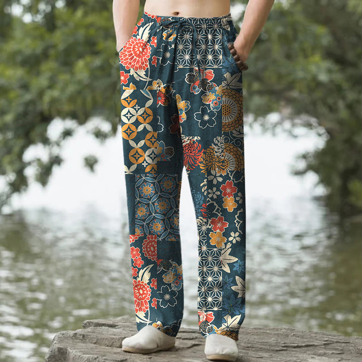 Buddha Stones Spodnie męskie ze zwężanymi nogawkami i kieszeniami, bawełniane, w kwiatowy wzór w stylu boho - Cyraneczka - US/UK/AU50, EU60 (5XL) - image 6