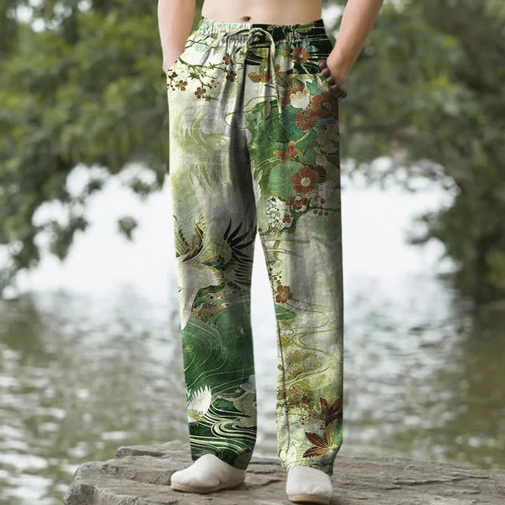 Buddha Stones Spodnie męskie zwężane z bawełny w kolorze białym z wzorem fali żurawia i kieszeniami - ForestGreen - US/UK/AU50, EU60 (5XL) - image 6