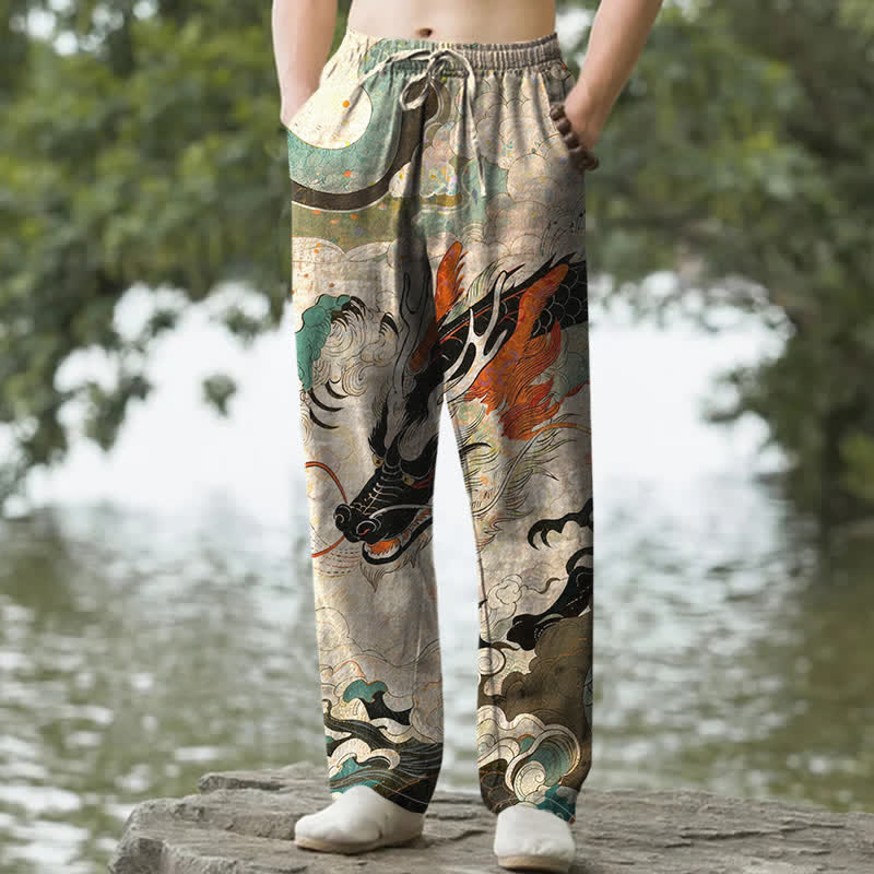 Buddha Stones Spodnie męskie zwężane z bawełny w orientalny wzór smoka z kieszeniami - Beżowy - US/UK/AU50, EU60 (5XL) - image 0