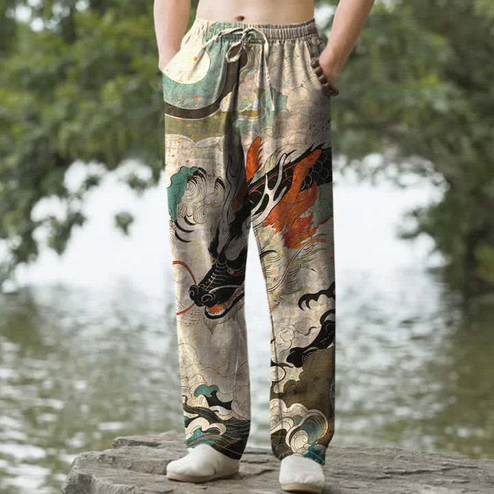 Buddha Stones Spodnie męskie zwężane z bawełny w orientalny wzór smoka z kieszeniami - Beżowy - US/UK/AU50, EU60 (5XL) - image 0