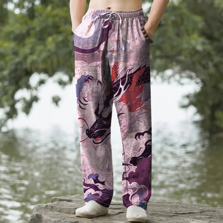 Buddha Stones Spodnie męskie zwężane z bawełny w orientalny wzór smoka z kieszeniami - Śliwka - US/UK/AU50, EU60 (5XL) - image 6