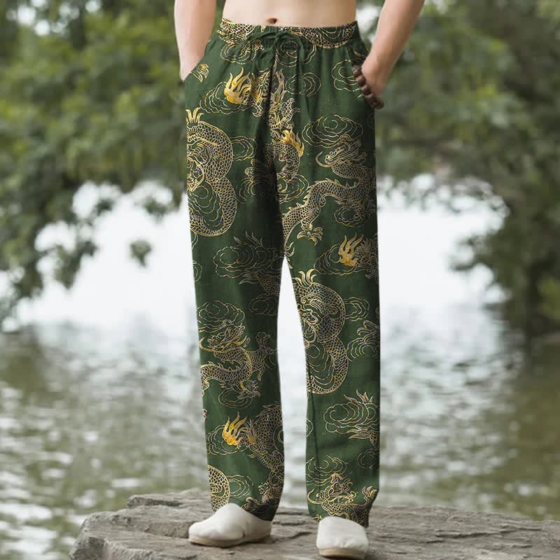 Buddha Stones Spodnie męskie zwężane z bawełny w złoty wzór smoka i chmurki z kieszeniami - ForestGreen - US/UK/AU50, EU60 (5XL) - image 4
