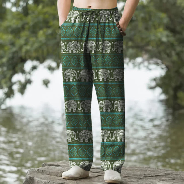 Buddha Stones Spodnie męskie zwężane z kieszeniami i geometrycznym wzorem w słonia z bawełny - ForestGreen - US/UK/AU50, EU60 (5XL) - image 6