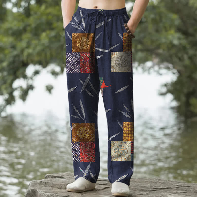 Buddha Stones Spodnie męskie zwężane z kieszeniami, bawełniane, w stylu boho, z patchworkowym wzorem liści - Marynarka wojenna - US/UK/AU50, EU60 (5XL) - image 0