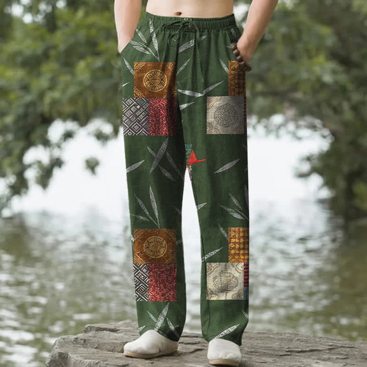 Buddha Stones Spodnie męskie zwężane z kieszeniami, bawełniane, w stylu boho, z patchworkowym wzorem liści - ForestGreen - US/UK/AU50, EU60 (5XL) - image 4