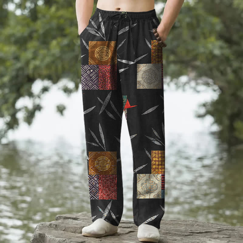 Buddha Stones Spodnie męskie zwężane z kieszeniami, bawełniane, w stylu boho, z patchworkowym wzorem liści - Czarny - US/UK/AU50, EU60 (5XL) - image 6