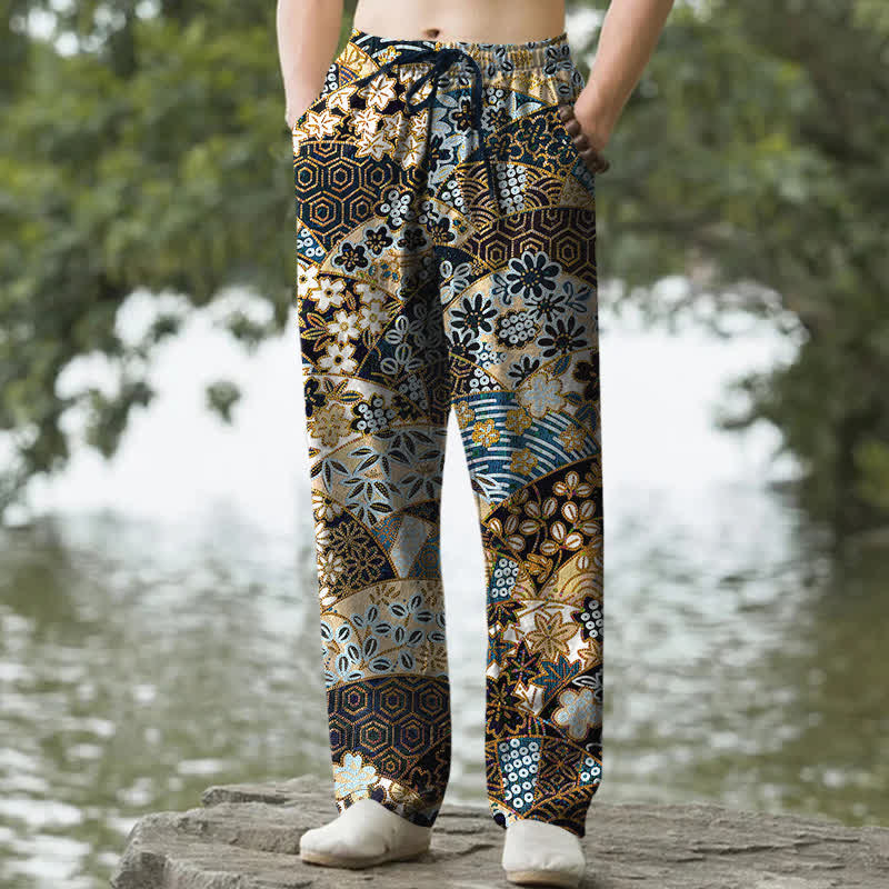 Buddha Stones Spodnie męskie zwężane z kieszeniami, bawełniane, w stylu boho, z patchworkowym wzorem - Czarny - US/UK/AU50, EU60 (5XL) - image 0