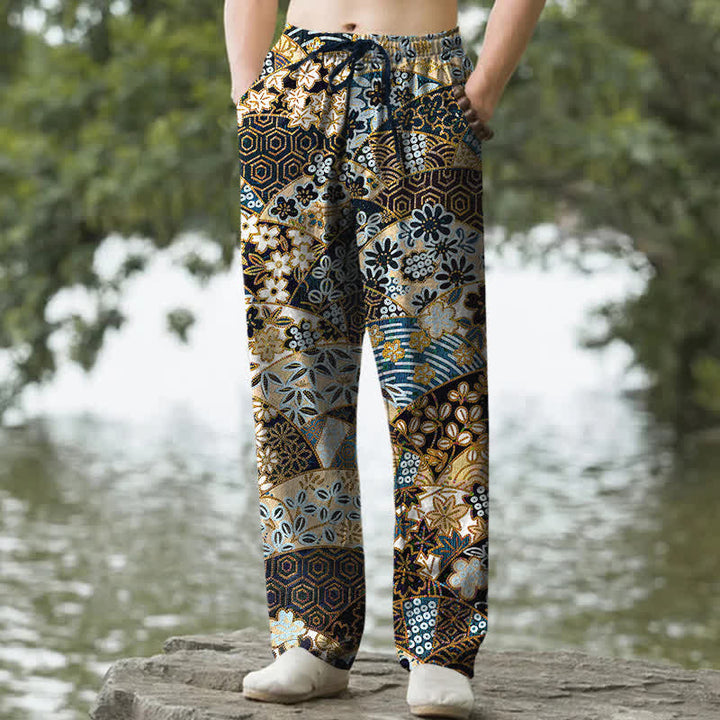 Buddha Stones Spodnie męskie zwężane z kieszeniami, bawełniane, w stylu boho, z patchworkowym wzorem - Czarny - US/UK/AU50, EU60 (5XL) - image 0