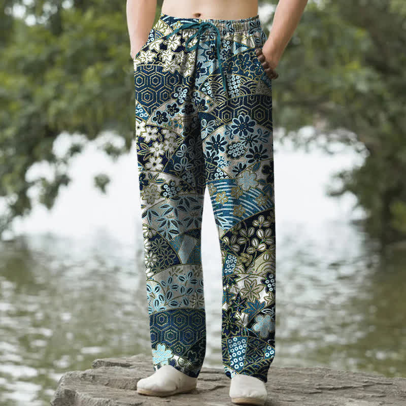 Buddha Stones Spodnie męskie zwężane z kieszeniami, bawełniane, w stylu boho, z patchworkowym wzorem - Cyraneczka - US/UK/AU50, EU60 (5XL) - image 4