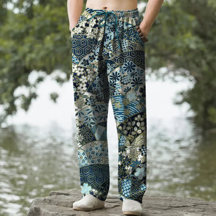 Buddha Stones Spodnie męskie zwężane z kieszeniami, bawełniane, w stylu boho, z patchworkowym wzorem - Cyraneczka - US/UK/AU50, EU60 (5XL) - image 4