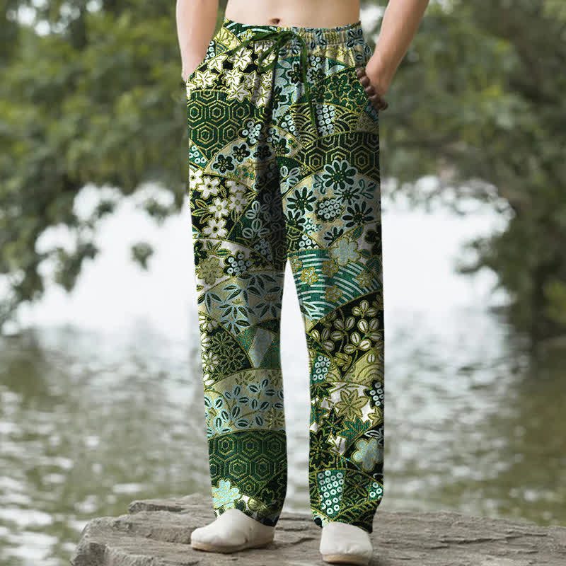 Buddha Stones Spodnie męskie zwężane z kieszeniami, bawełniane, w stylu boho, z patchworkowym wzorem - ForestGreen - US/UK/AU50, EU60 (5XL) - image 6