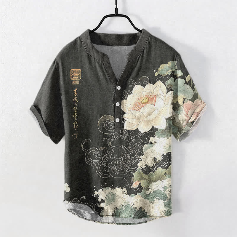 Buddha Stones Koszula męska z krótkim rękawem i falami lotosu z bawełny, zapinana na pół guzika - DimGray - US/UK/AU50, EU60 (5XL) - image 0